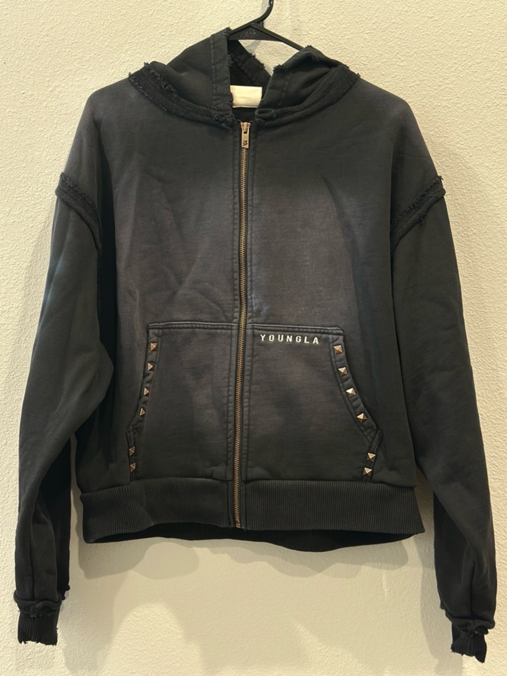 SOLD | YoungLA Black Deconstructed Terry Hooded Zip Jacket with Stud Accents